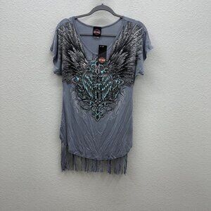 Harley Davidson Wing Sing Embellished Short Sleeve Fringe Shirt Womens Large NEW